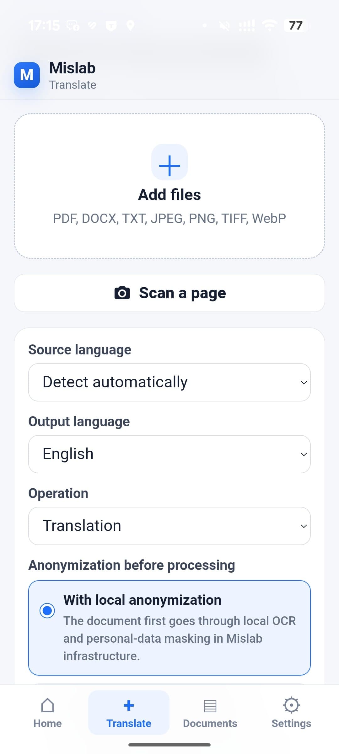 Medical document upload screen in Mislab Translate for Android